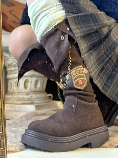 Dark Brown Chain and Embroidered Badge Platform Boots