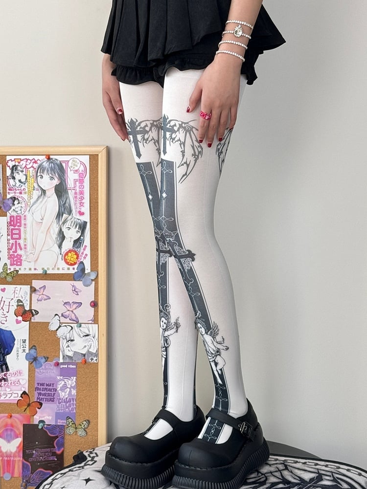 White Cross And Angel Print Tights