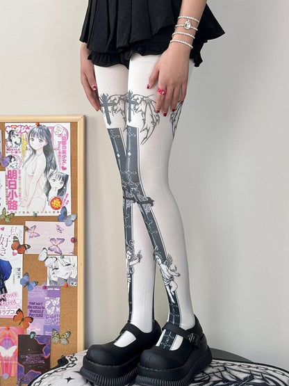 White Cross And Angel Print Tights