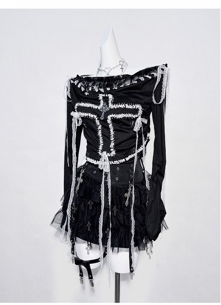 Black Cross Design White Lace Trim Fake Two-piece Top