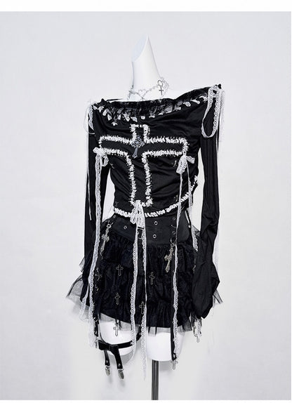 Black Cross Design White Lace Trim Fake Two-piece Top