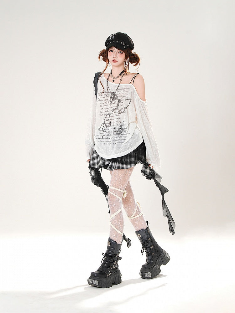 Butterfly Print Asymmetrical Neckline Khaki/White Semi-sheer Coverup