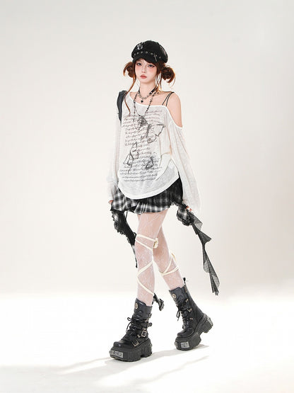 Butterfly Print Asymmetrical Neckline Khaki/White Semi-sheer Coverup