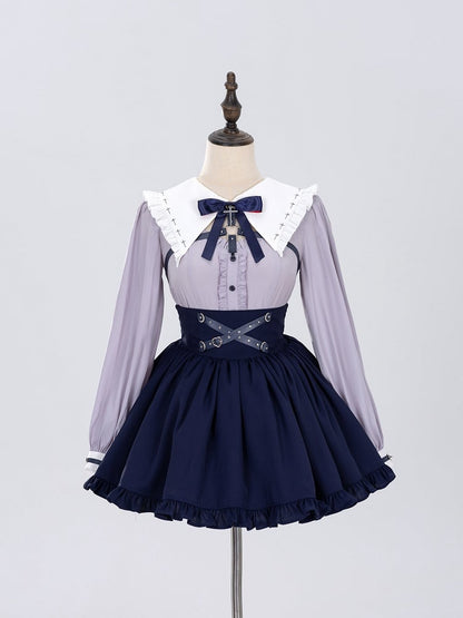 Fanart Fashion Dark Blue Crisscross Heart Buckle Straps High Waist Skirt