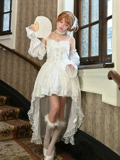 White Satin Shiro Lolita Dress with Detachable Balloon Sleeves and Train