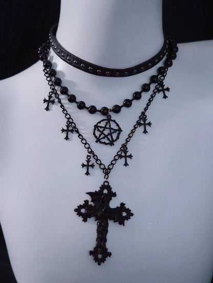 Pentagram and Cross Pendant Black Gothic Triple Layered Necklace