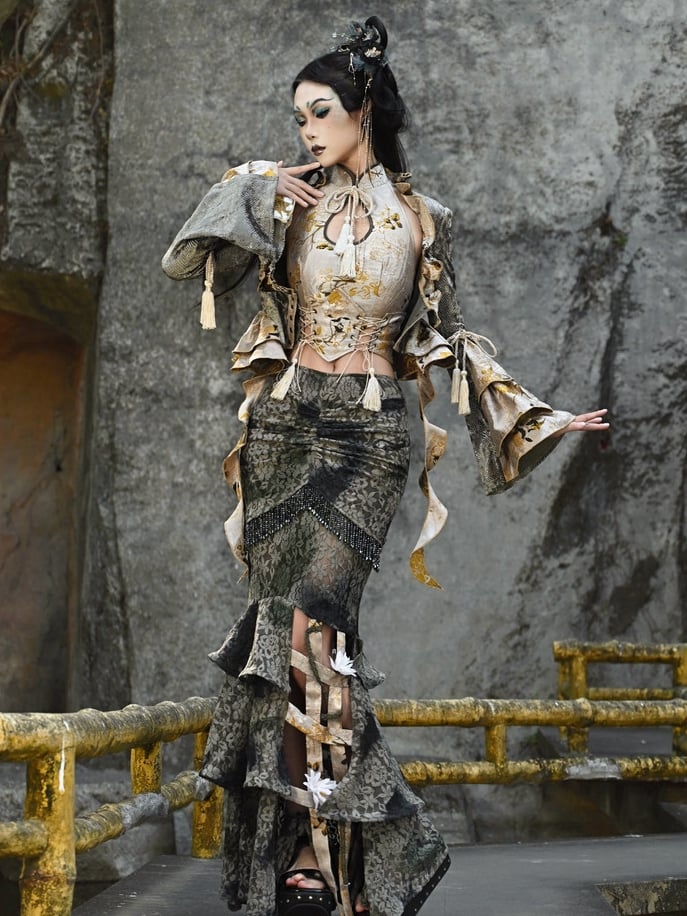 Dusty Green Tie Dye Pastel Goth Mermaid Skirt Flower Birdcage Hemline