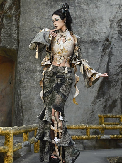 Dusty Green Tie Dye Pastel Goth Mermaid Skirt Flower Birdcage Hemline