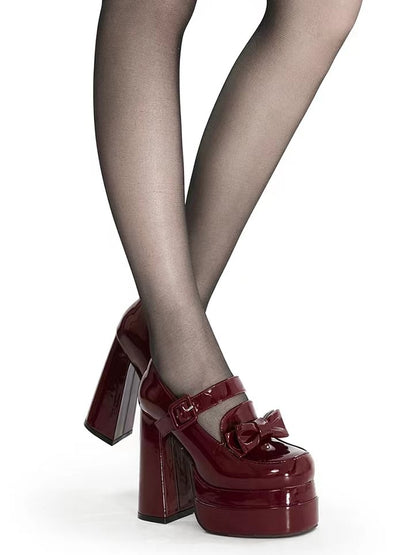 Bow at Top Wine Red Platform Mary Janes High Block Heel