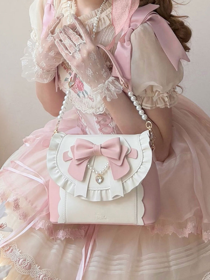 Elegant Lolita Pink & White Hand/Crossbody Bay - Crystal Heart Charm with Beaded Chain Bow & Dual Detachable Straps