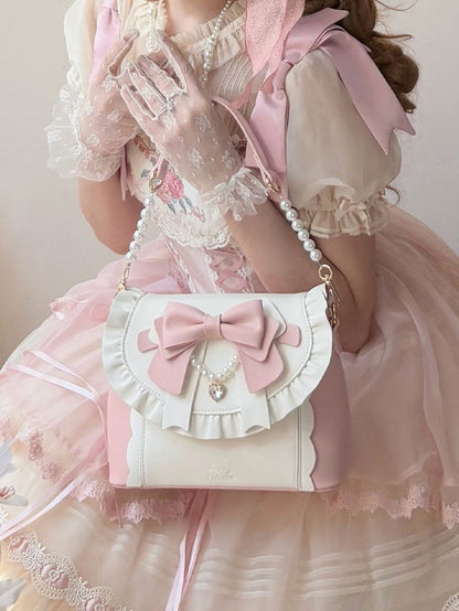 Elegant Lolita Pink & White Hand/Crossbody Bay - Crystal Heart Charm with Beaded Chain Bow & Dual Detachable Straps