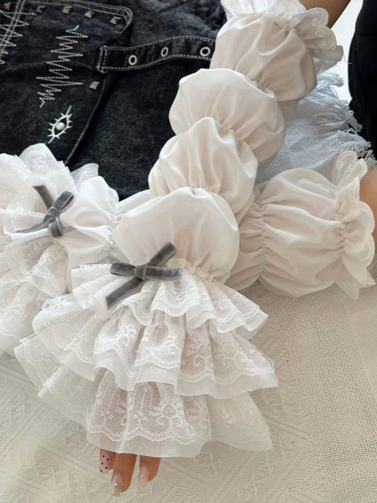 White Lolita Hollow-out Lace Tiered Cuffs Sleeves With Gray/Pink/Black Bowknot Details