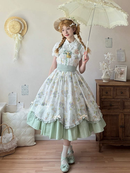 Blueberry and Ice Cream Print Lolita Dress Light Green Gingham Hemline