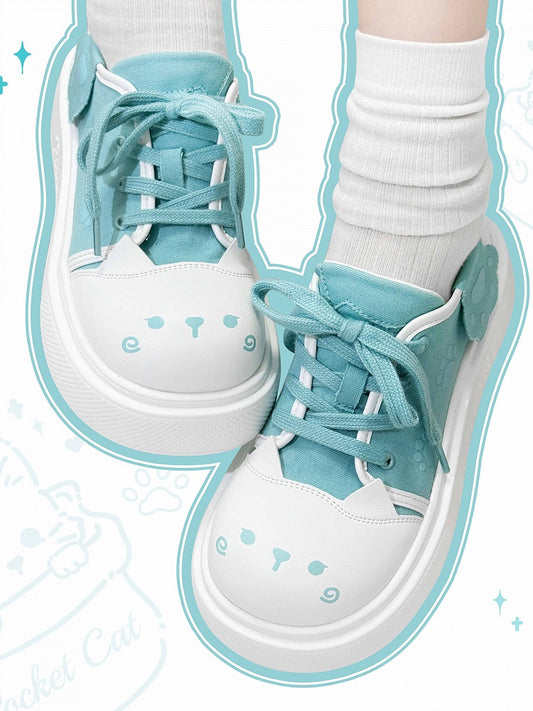 Mint Green Kitty Design Claw Pattern Platform Sneakers