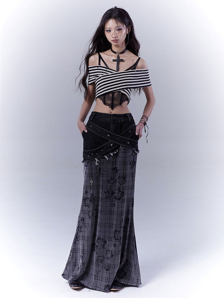Black Low Waist Criss-cross Studded Strap Plaid Rose Mermaid Skirt