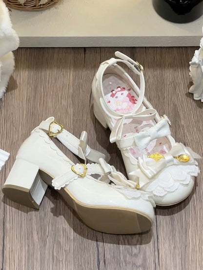 Clearance-Size 39 Sweet Lolita Beige Scoop Decorated Bowknot Details Round-Toe High Block Heels Mary Janes