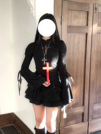 Black Three-Tiered Lace Trim Mini Skirt