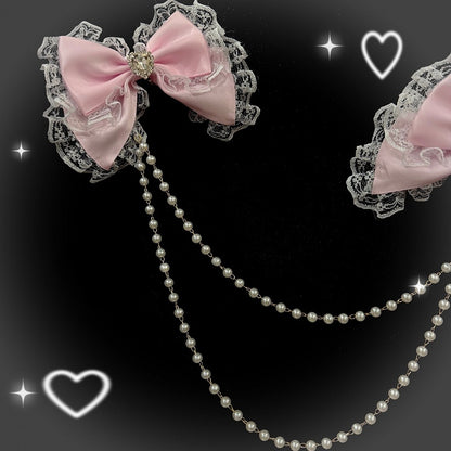 Pink Rhinestone Lace Trim Heart Decorated Bowknot Beaded Waist Chain