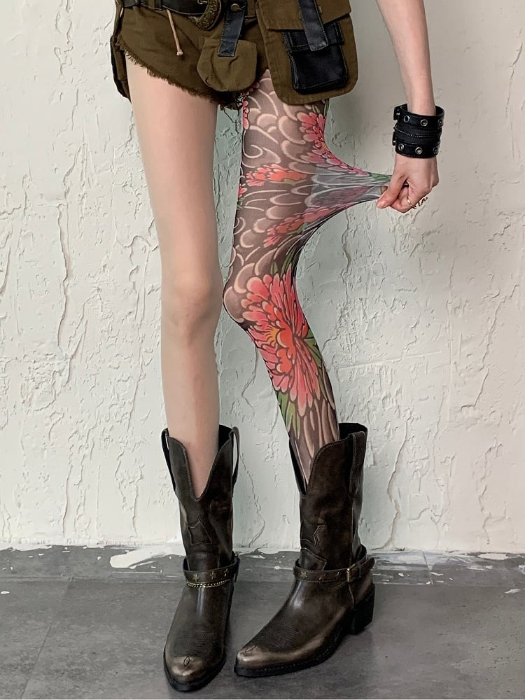 Nude Y2K Asymmetrical Design Floral Tattoo Print Tights