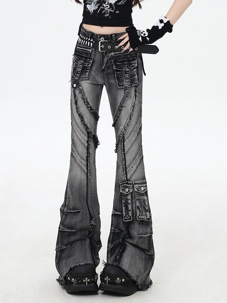 Y2K Black Low Rise Raw Hem Faded Wash Flared Cargo Jeans