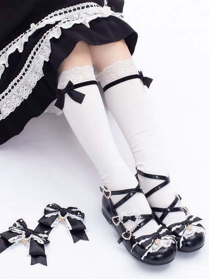 Black Sweet Lolita Bowknot Details Crisscross Design Heart Buckle Straps 2CM/5CM Block Heels Shoes