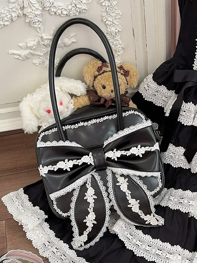 Black Lace Trim Bowknot Design Hand Bag