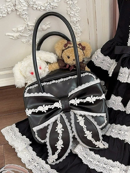 Black Lace Trim Bowknot Design Hand Bag