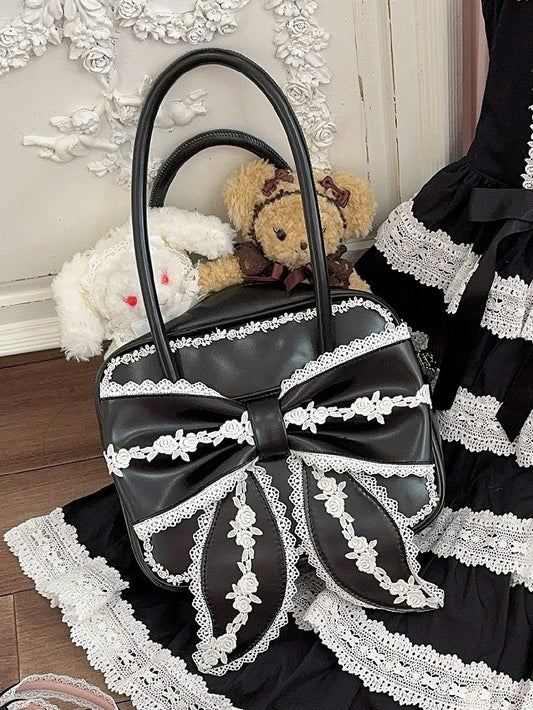 Black Sweet Square Old School Lolita PU Bag with White Lace Trim and Big Front Bow