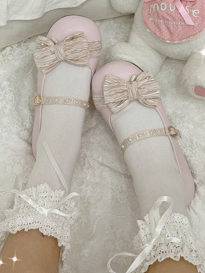 Strawberry Pink Beaded Decorated Bow at Top Heart Buckle Round Toe Lolita Shoes