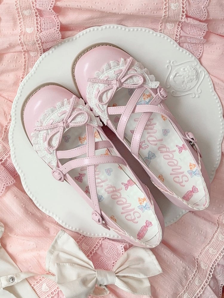 Pink Crisscross Design Lace Trim Bow at Top Lolita Shoes