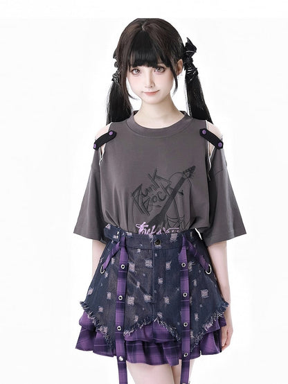 Dusty Gray Cutout Shoulder Slit Hem Punk Rock Graphic T-Shirt