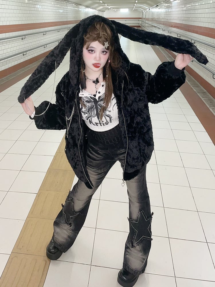 Plus Size Black Bunny Ears Y2K Hooded Coat