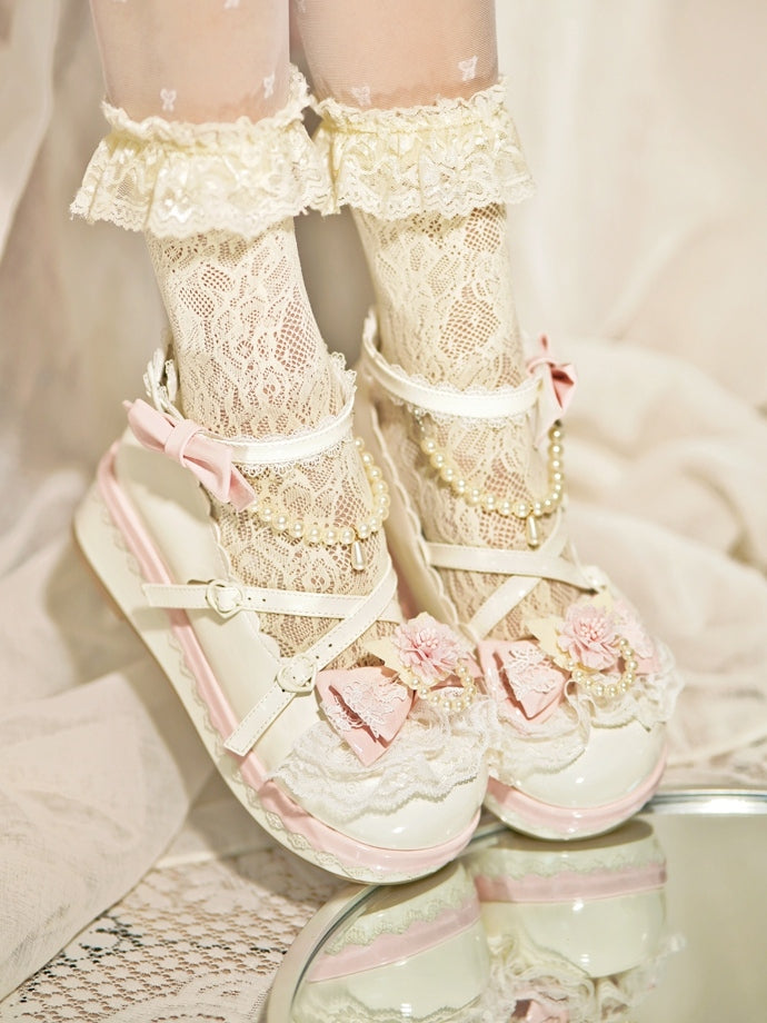 White Floral Design Bow at Top Lace Trim Heart Buckle Platforms With Detachable Beaded Chain