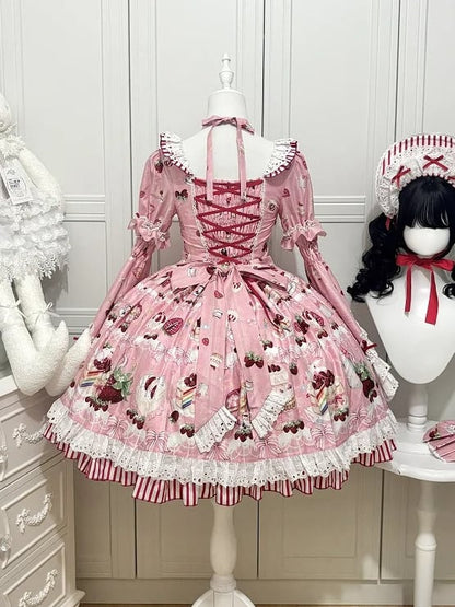 Strawberry Cake Print Pink Sweet Lolita Short Sleeves Dress with Detachable Bell Sleeves