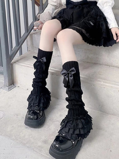 White/Black Ruffled Lace Cuff Bow Lolita Leg Warmers