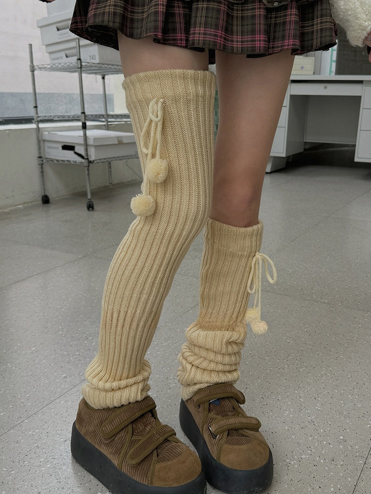 White/Beige/Light Grey/Black 50CM/70CM/90CM Knitted Leg Warmers With Pompons