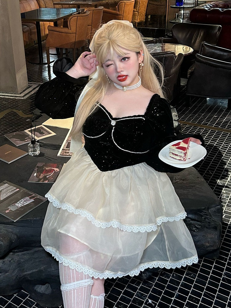 Plus Size Bowknot Details Black and White Basque Waist Sweet Dress