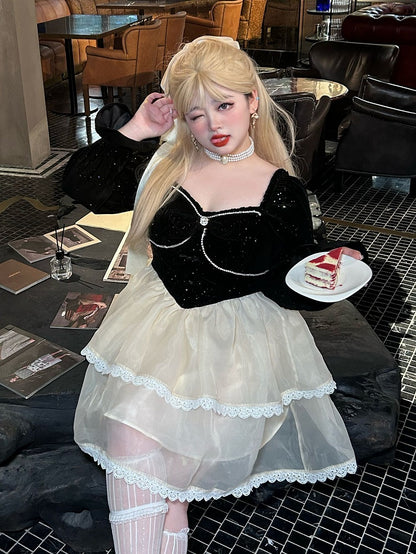 Plus Size Bowknot Details Black and White Basque Waist Sweet Dress