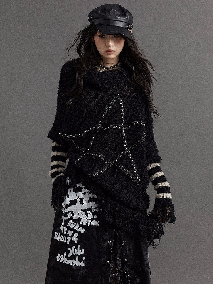 Black Vintage Punk Batwing Sleeves Loose Five-pointed Star Sweater