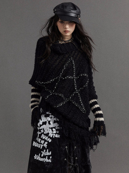 Black Vintage Punk Batwing Sleeves Loose Five-pointed Star Sweater