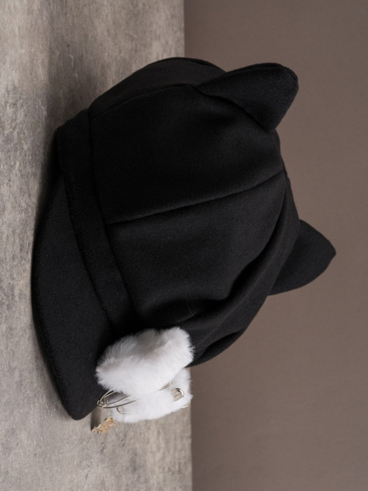Black Gothic Pin Decorated Plush Bone Design Cat Ear Beret Hat