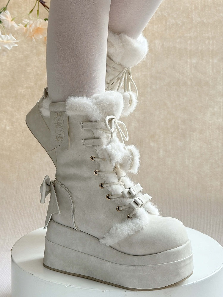 Platform Sweet White Winter Boots for Lolita - Fleece Lining with Heart And Star Pompon Charm Shoelaces & Bow Decor