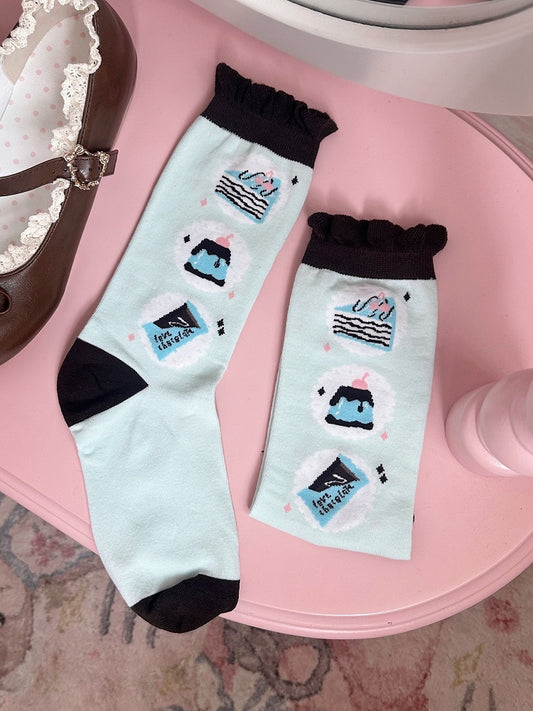 Mint Green Chocolate Cake Jelly Print Lolita Calf Socks