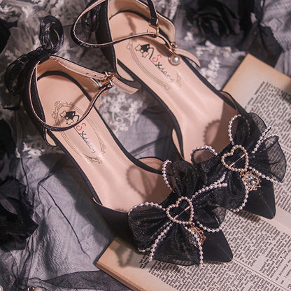 Black Beaded Bowknot Accents Pointed Toe Middle Heels