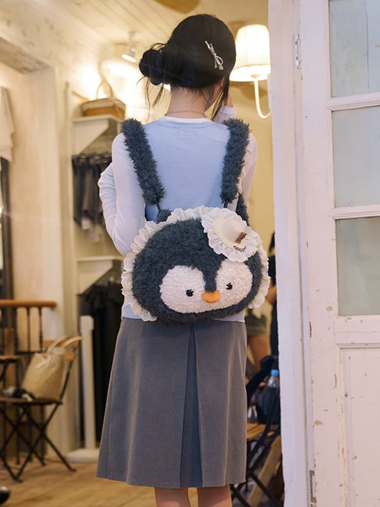 Gray Penguin-shaped Lace Trim Plush Backpack