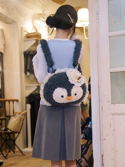 Gray Penguin-shaped Lace Trim Plush Backpack