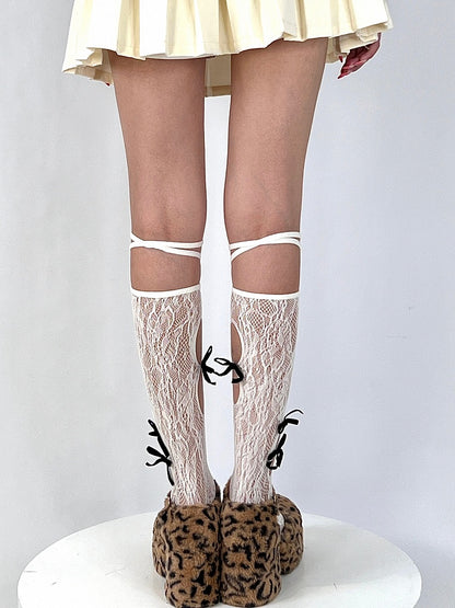 Black Bittersweet Cut-out Design Bowknot Details Under-knee Stockings