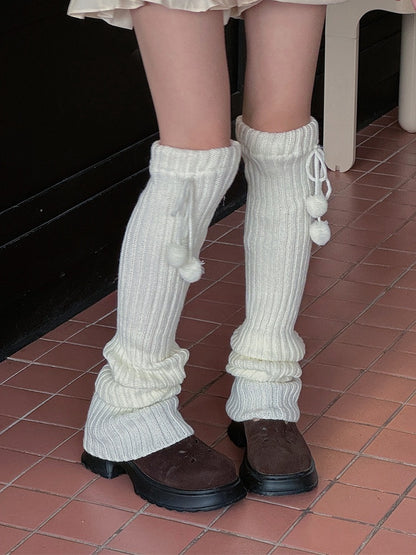 White/Beige/Light Grey/Black 50CM/70CM/90CM Knitted Leg Warmers With Pompons
