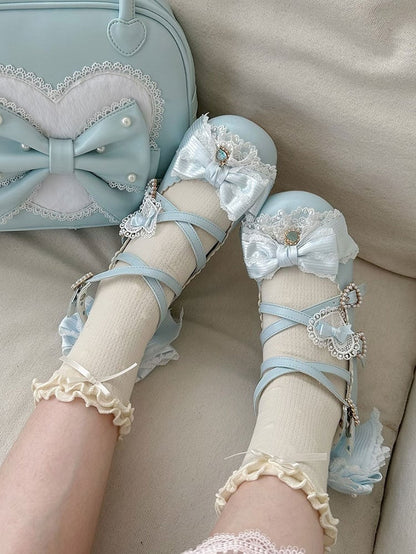Blue Sweet Lolita Bowknot Details Crisscross Design Heart Buckle Straps 5CM Block Heels Shoes