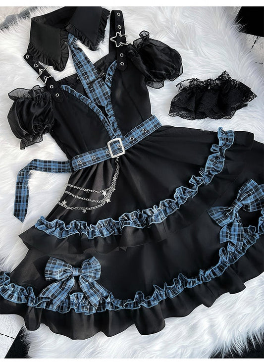 Black and Blue Plaid Cutout Shoulder Tiered Skirt Idol Lolita Dress Full Set